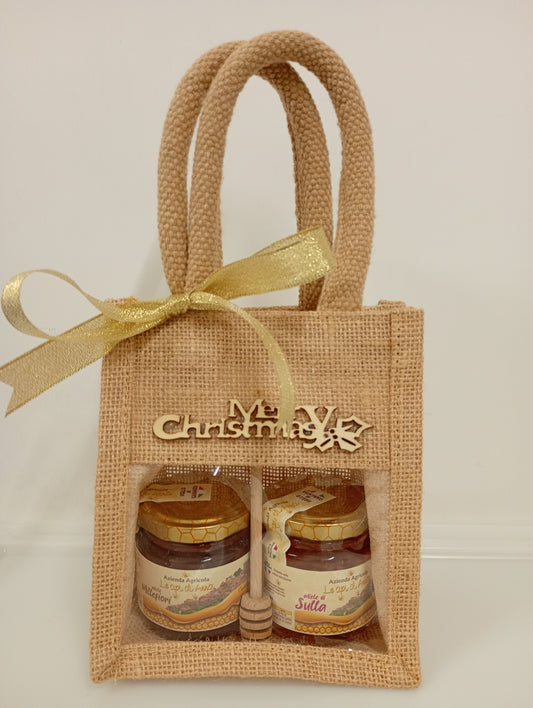 CONFEZIONE REGALO MIELE IN BORSA DI JUTA