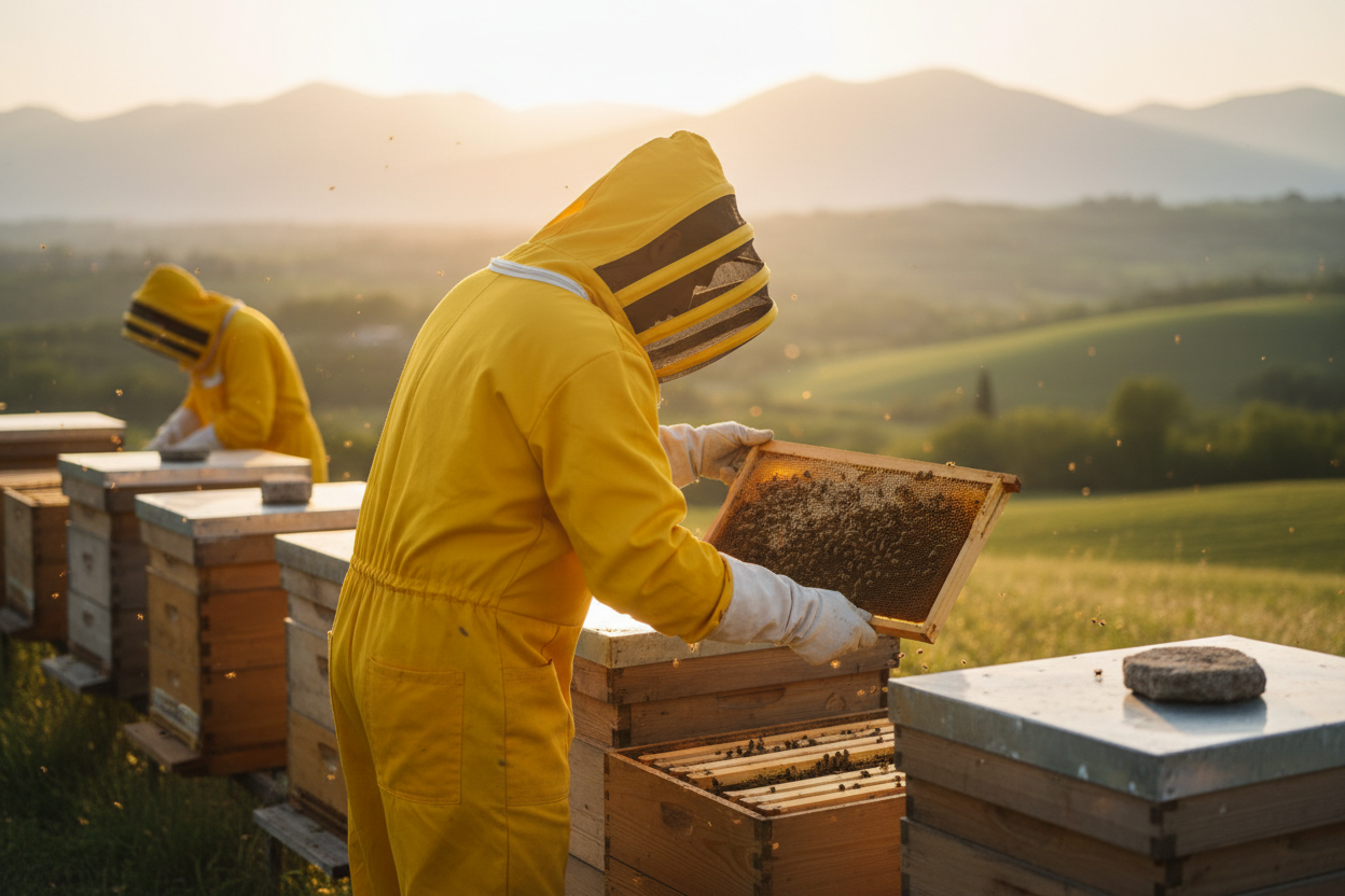 Apicoltore con tuta gialla di spalle